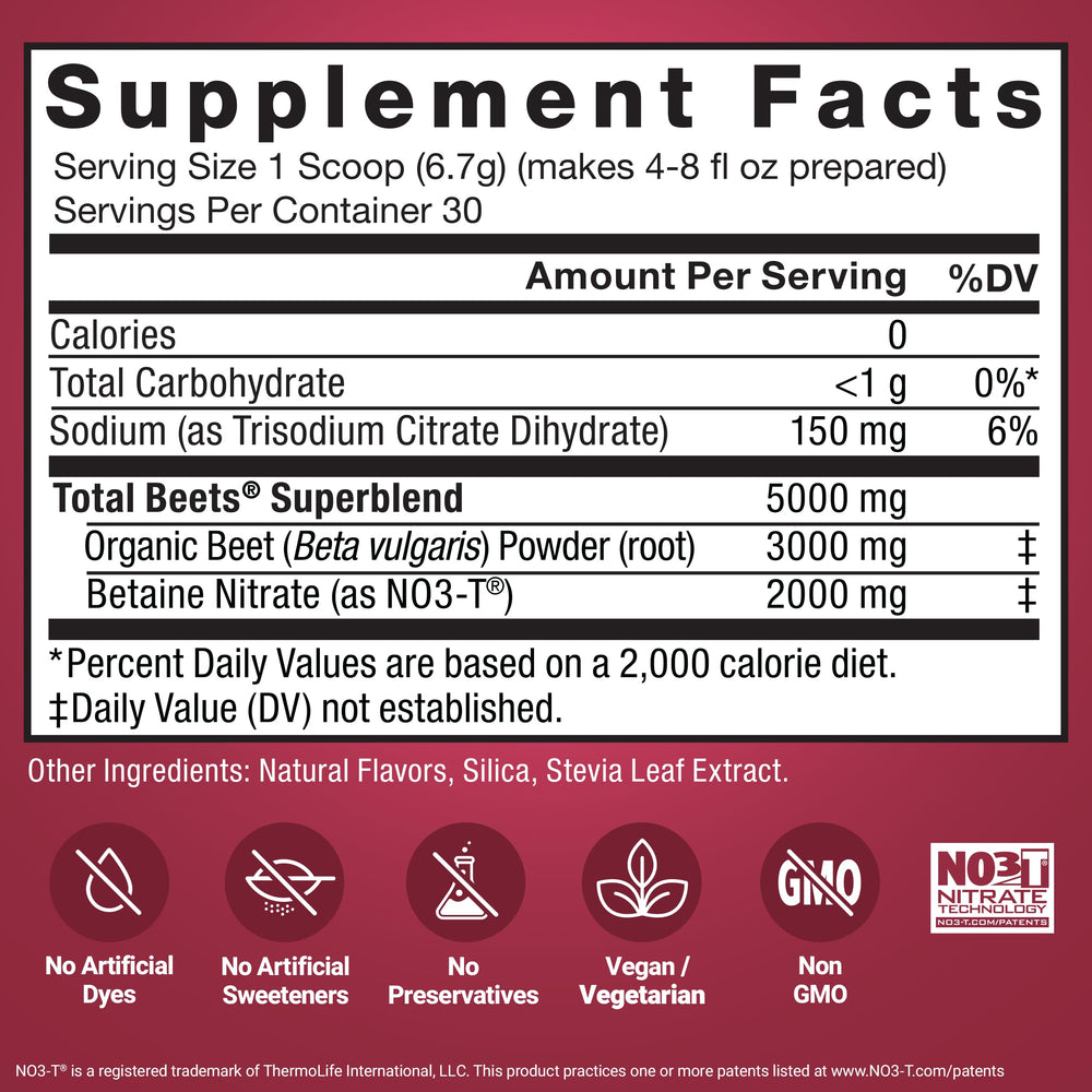 Etiqueta nutricional de Force Factor Total Beets indicando ingredientes y pureza