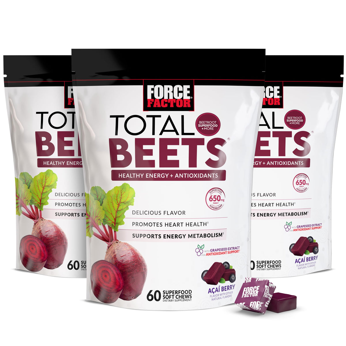 Force Factor frasco frontal mostrando Total Beets para energía saludable
