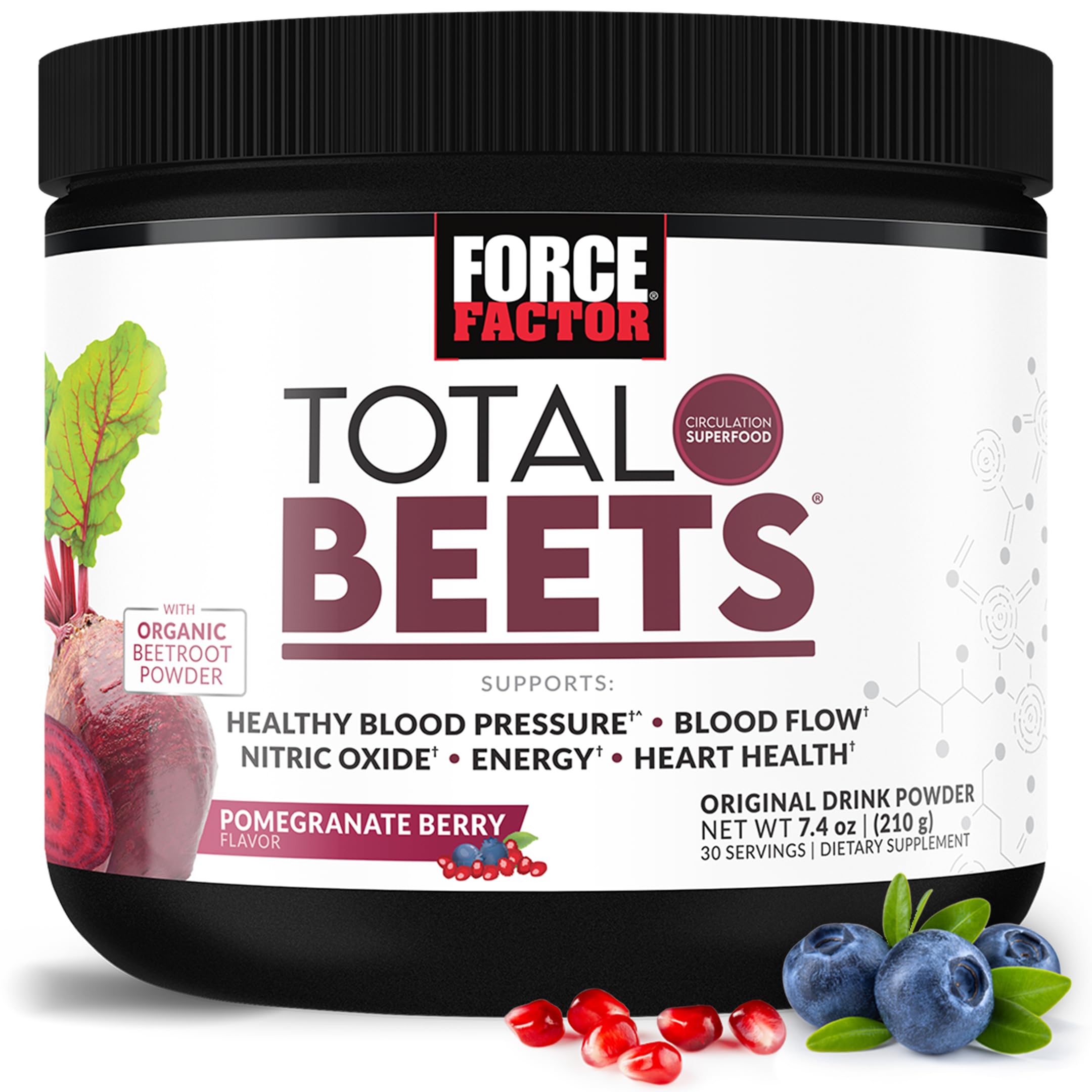 Force Factor frasco Total Beets frente mostrando el envase y beneficio circulatorio