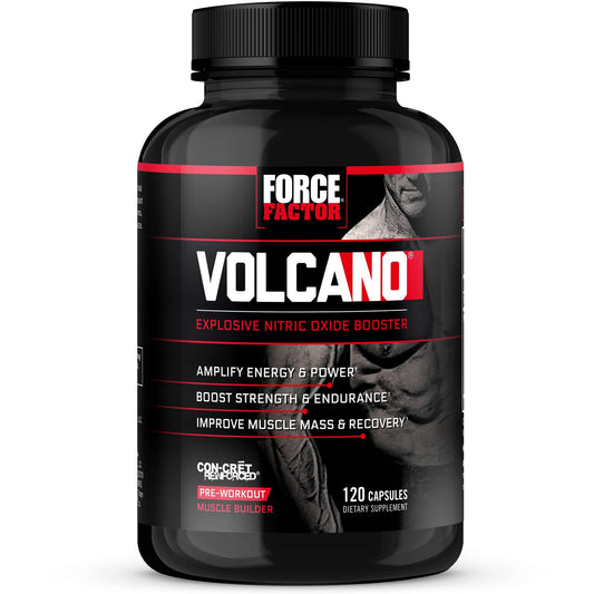 Force Factor VolcaNO frontal del envase mostrando 120 cápsulas y conveniencia