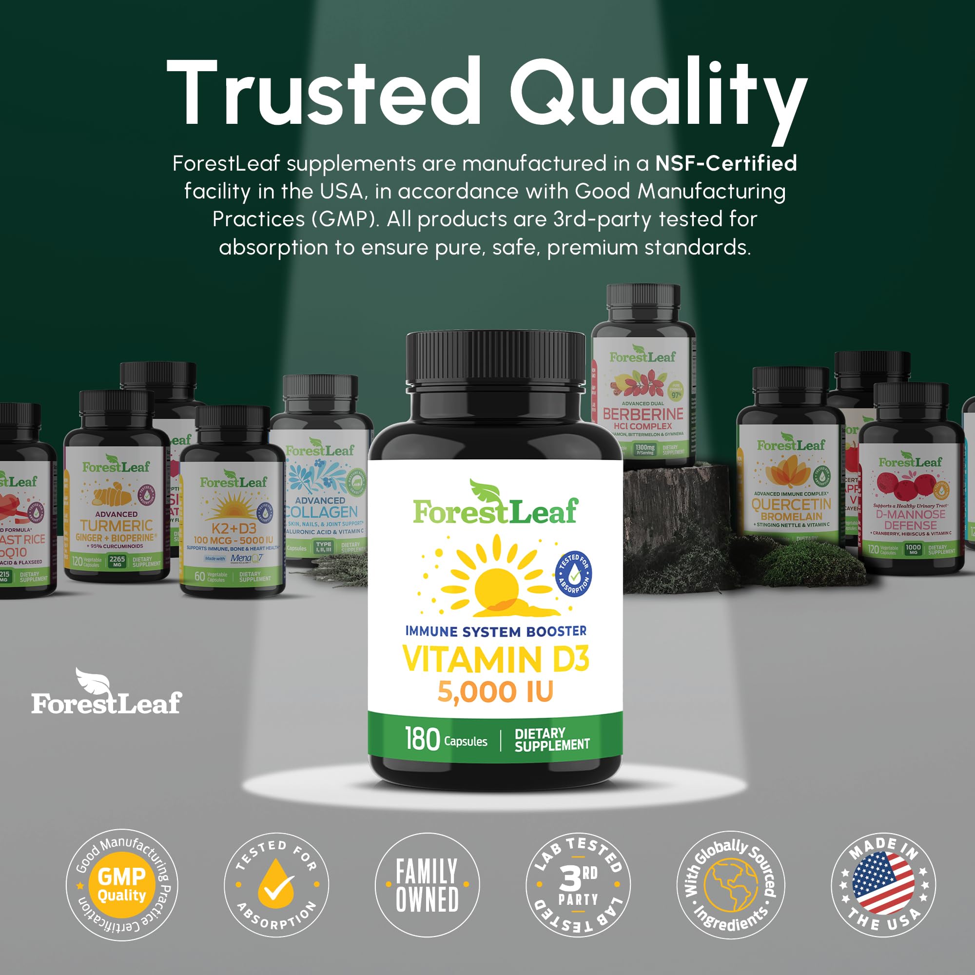 Sello de calidad ForestLeaf indicando fabricación en EE. UU. y pruebas de terceros