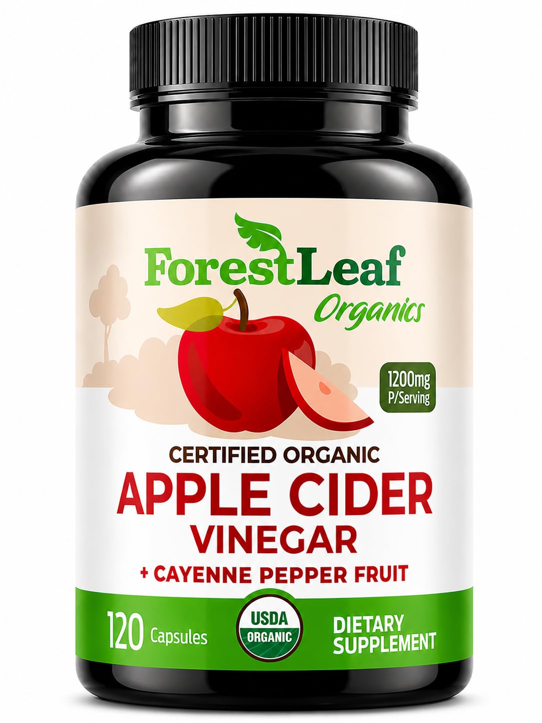 ForestLeaf frasco delantero mostrando 120 cápsulas y confianza