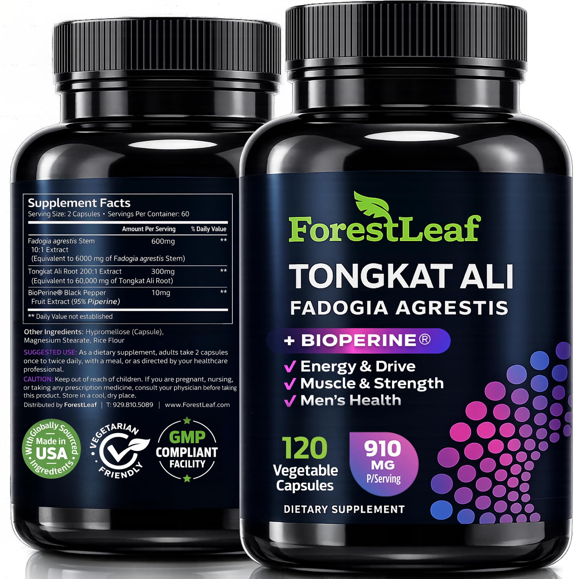 ForestLeaf frasco frontal mostrando cápsulas y etiqueta clara, beneficio: confianza en pureza