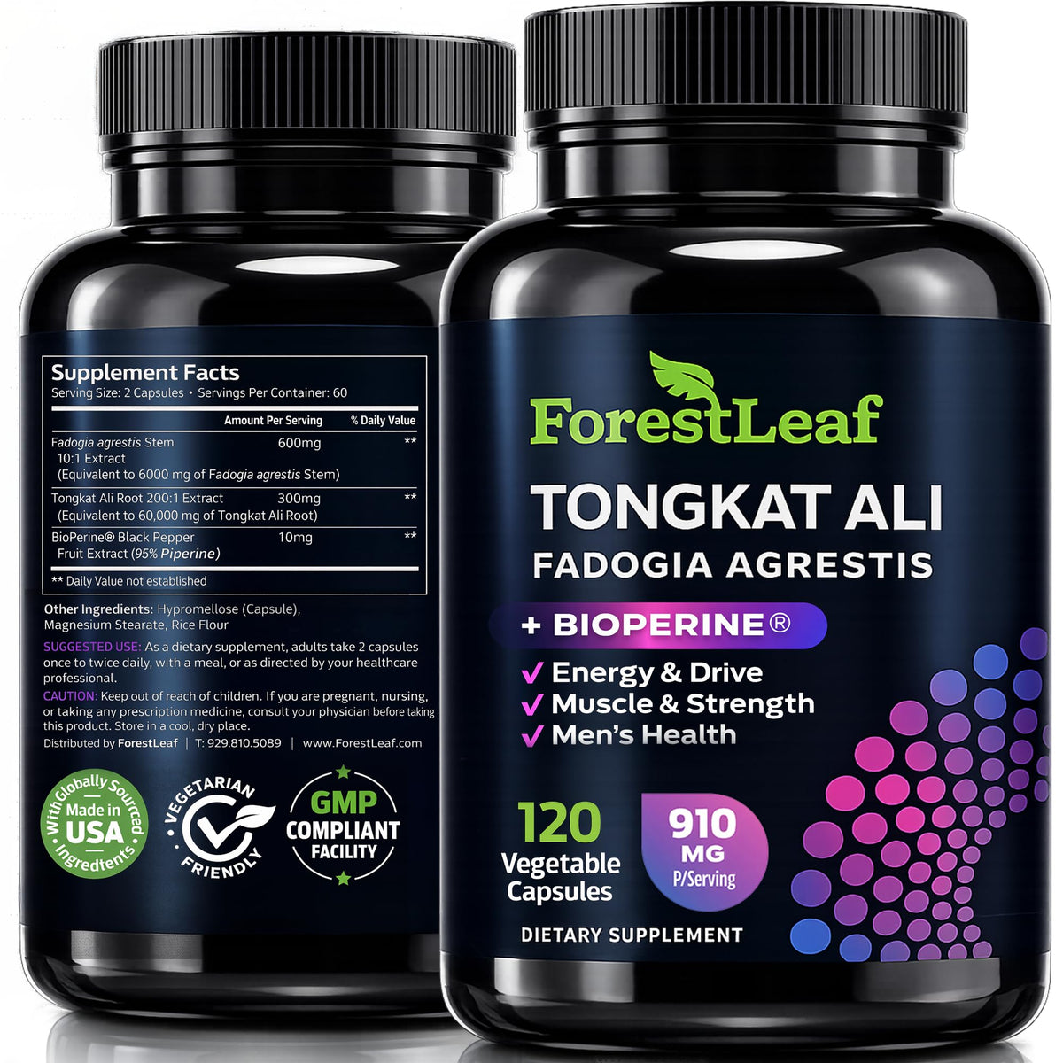 ForestLeaf frasco frontal mostrando cápsulas y etiqueta clara, beneficio: confianza en pureza