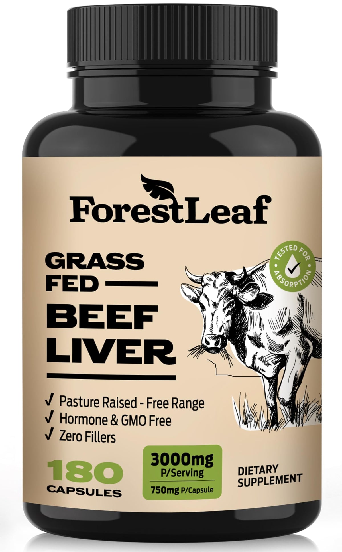 ForestLeaf frente del envase mostrando 180 cápsulas y beneficio de comodidad