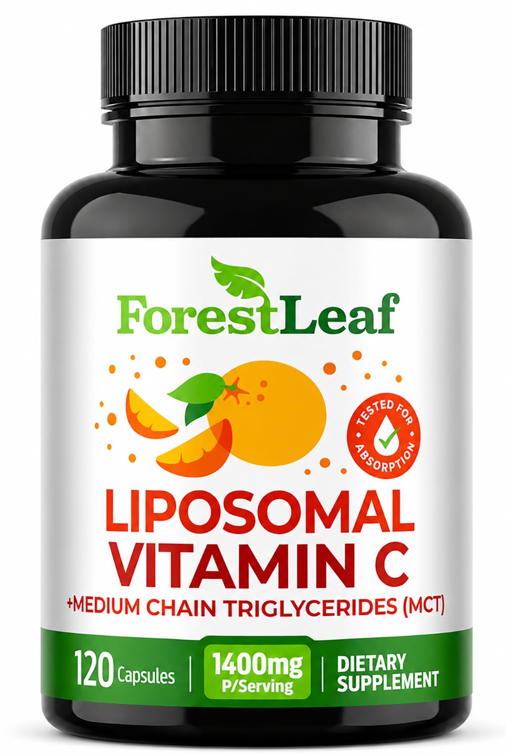 ForestLeaf frente del frasco mostrando diseño y cantidad 120 caps, claridad de uso