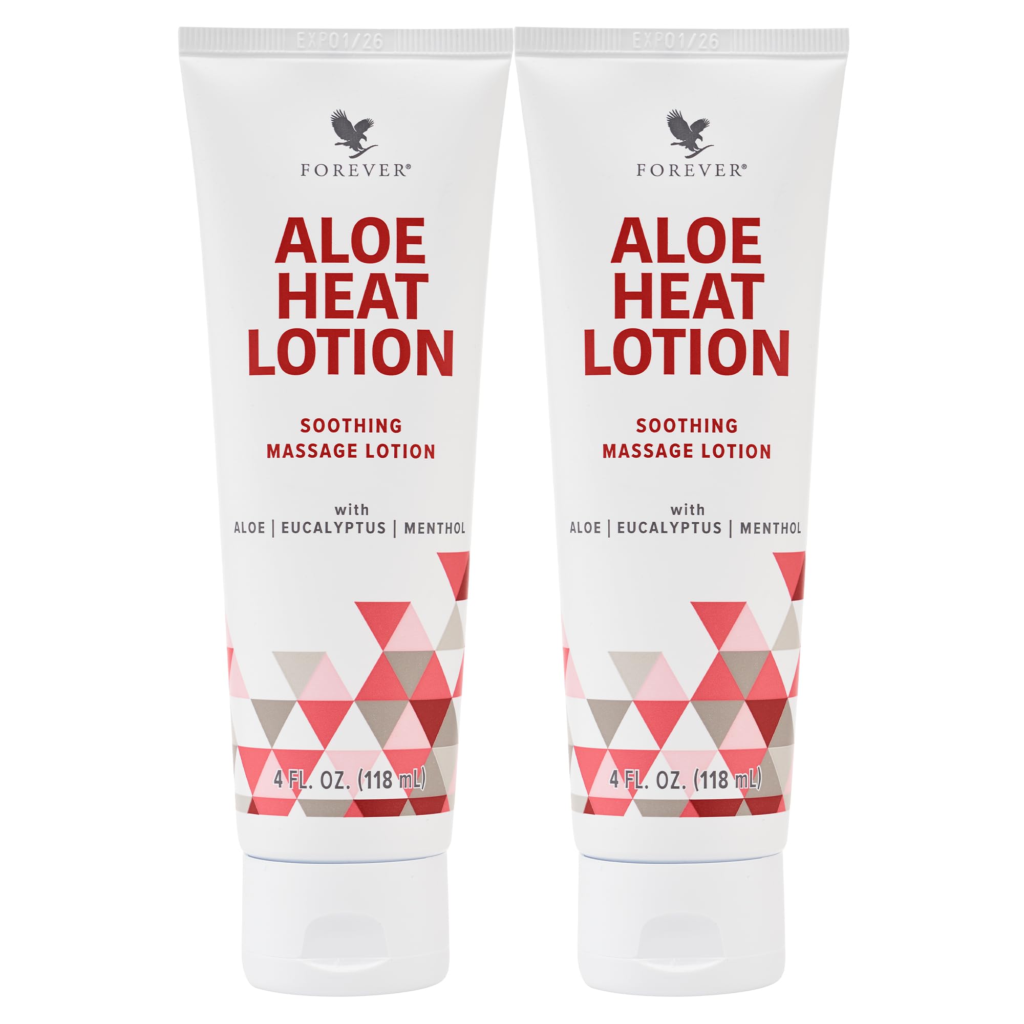 Forever Living Aloe Heat Lotion frente del envase y beneficio relajante