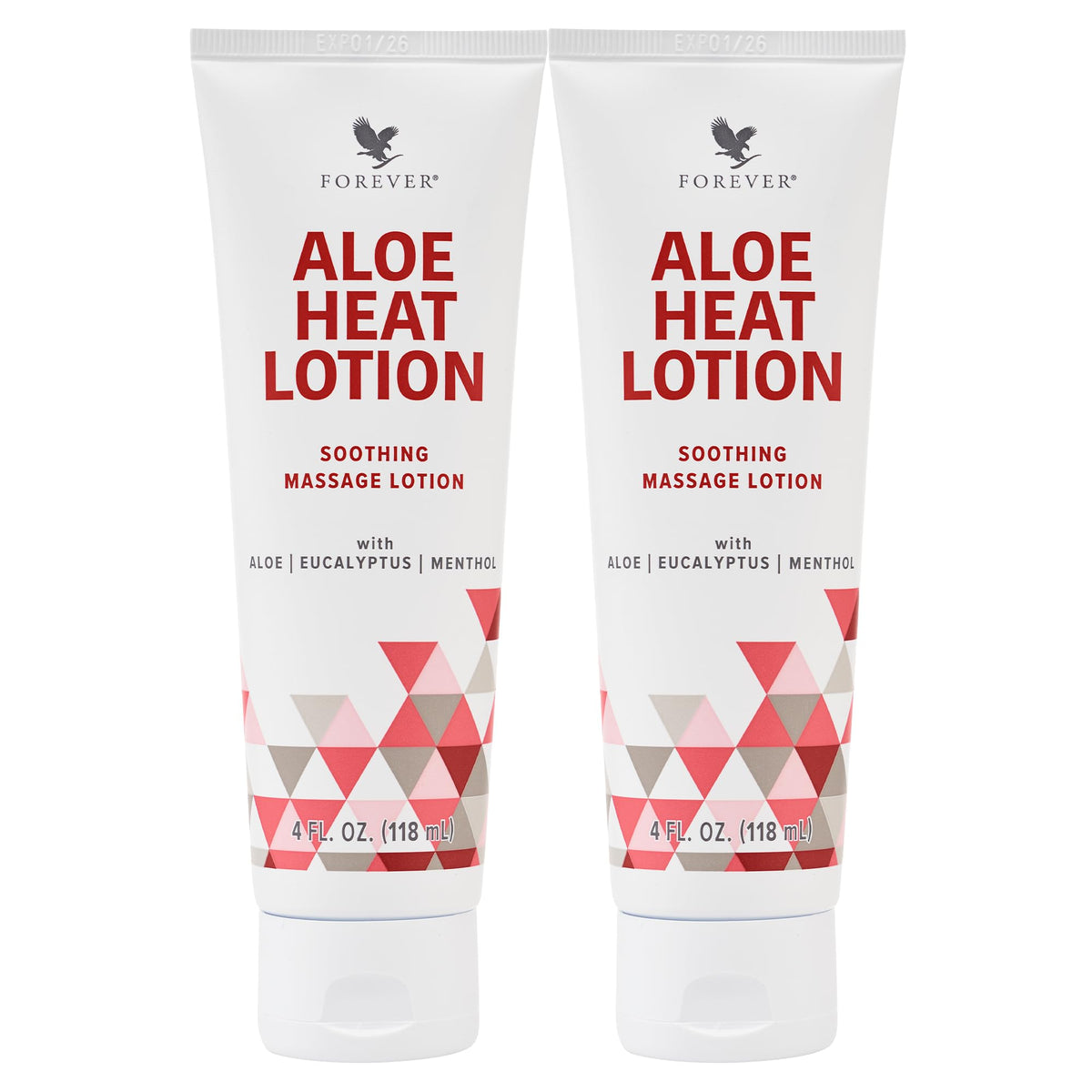 Forever Living Aloe Heat Lotion frente del envase y beneficio relajante