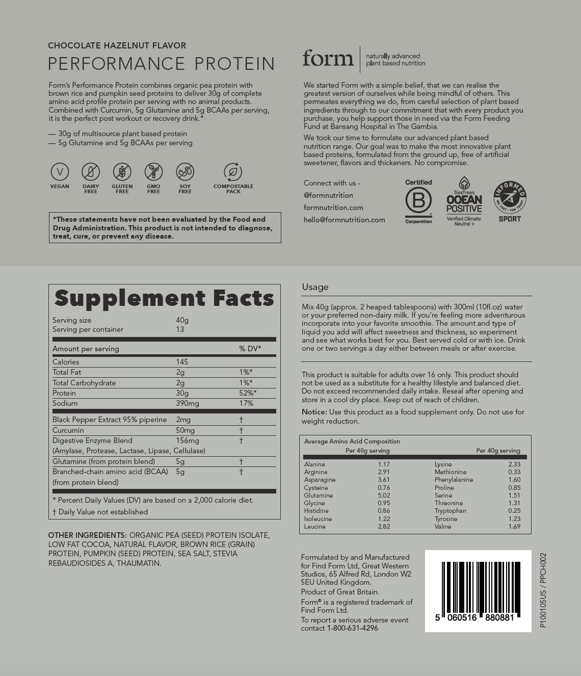 Empaque ecológico de Form Performance Protein sobre mesa, opción sostenible para deportistas