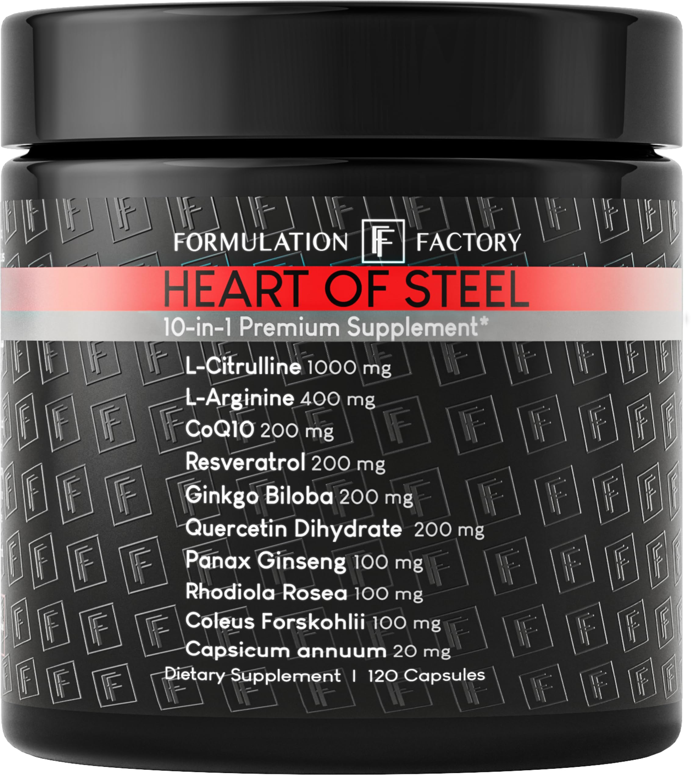 Formulation Factory bote frontal mostrando Heart of Steel y beneficio circulatorio