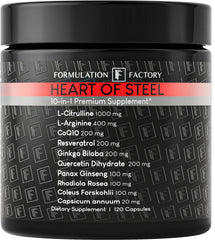 Formulation Factory bote frontal mostrando Heart of Steel y beneficio circulatorio