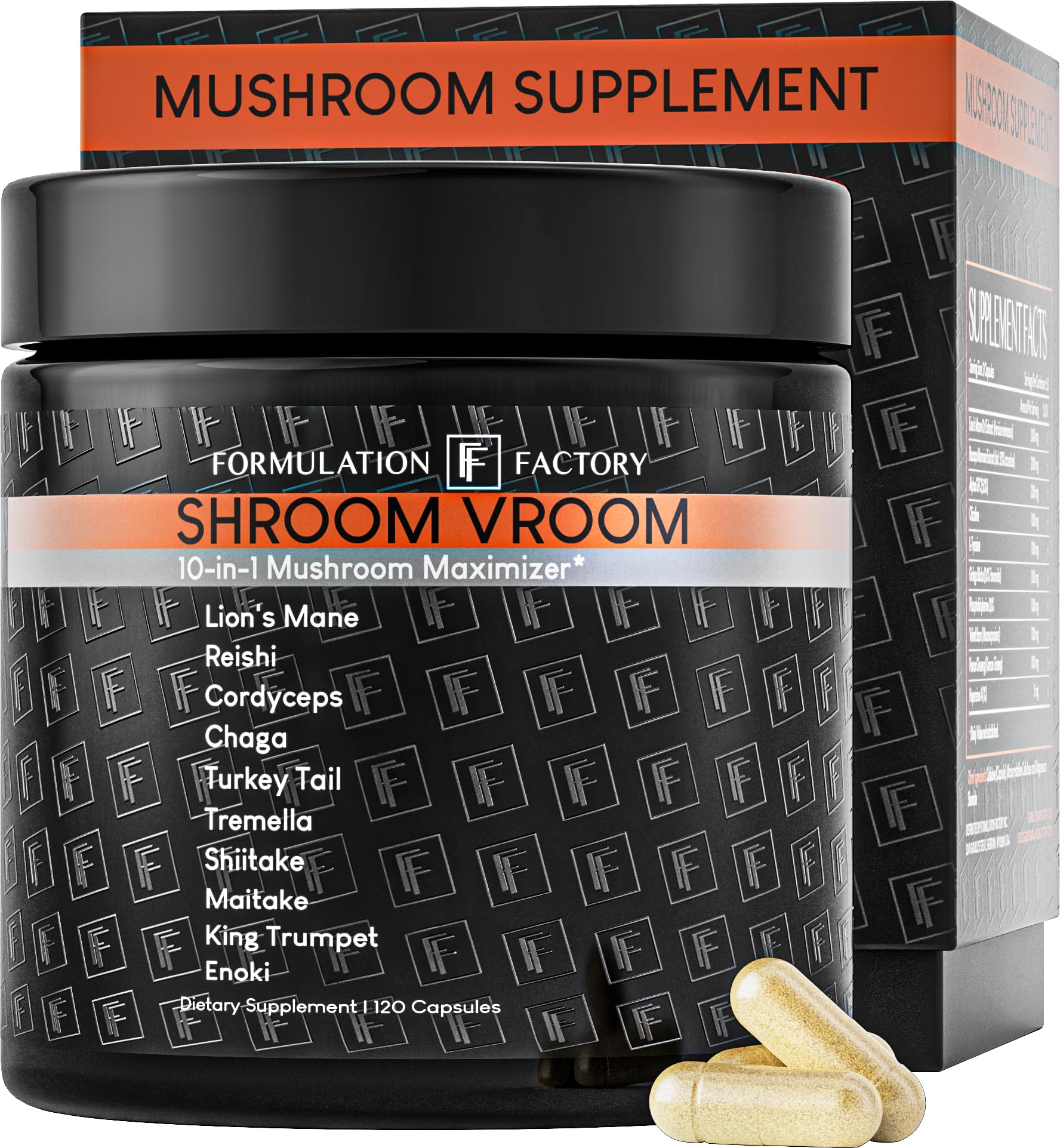 Formulation Factory frasco frontal mostrando Shroom Vroom y beneficio claridad