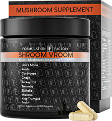 Formulation Factory frasco frontal mostrando Shroom Vroom y beneficio claridad