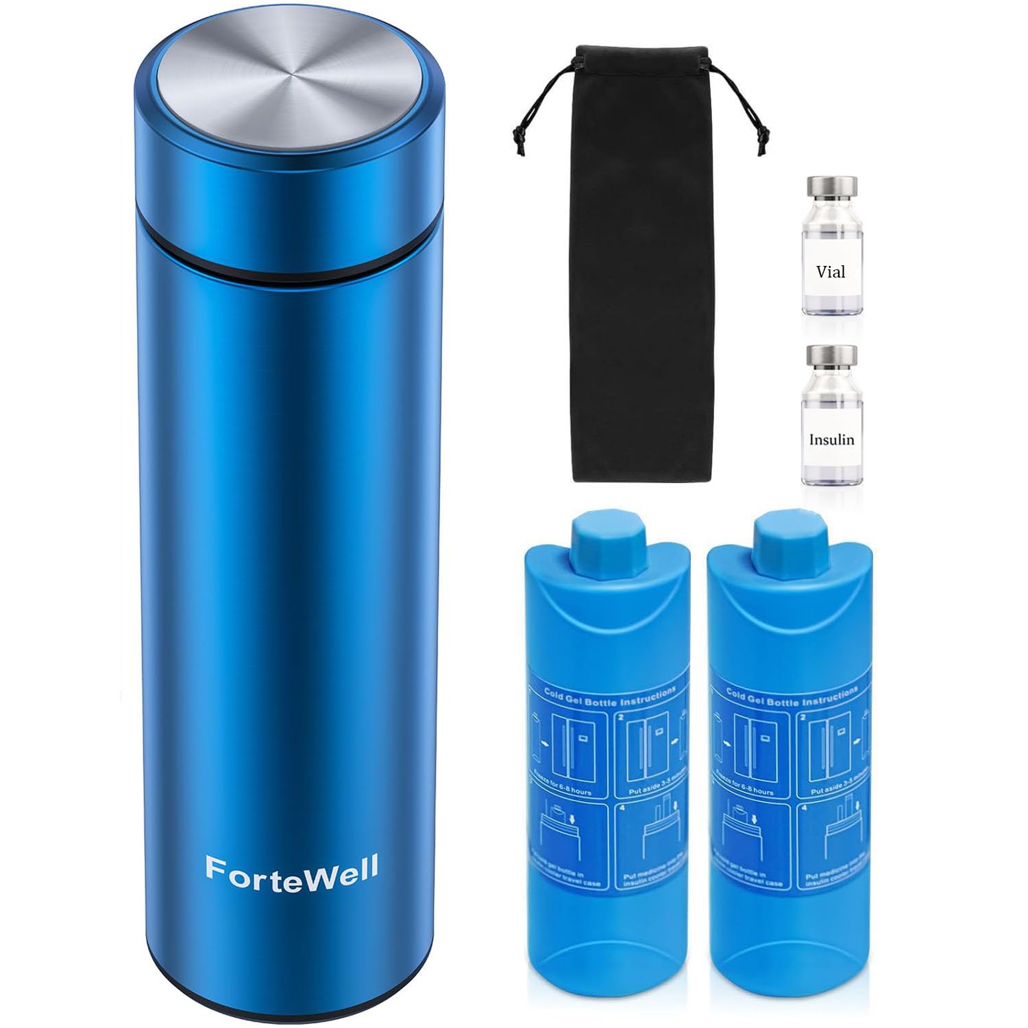 ForteWell estuche frontal azul mostrando cierre y tamaño compacto