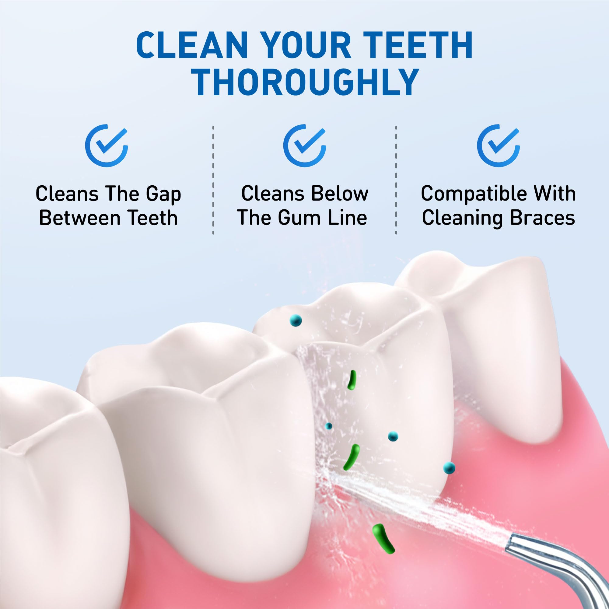 FORTIVO puntas en uso con irrigador en baño, limpieza interdental eficaz