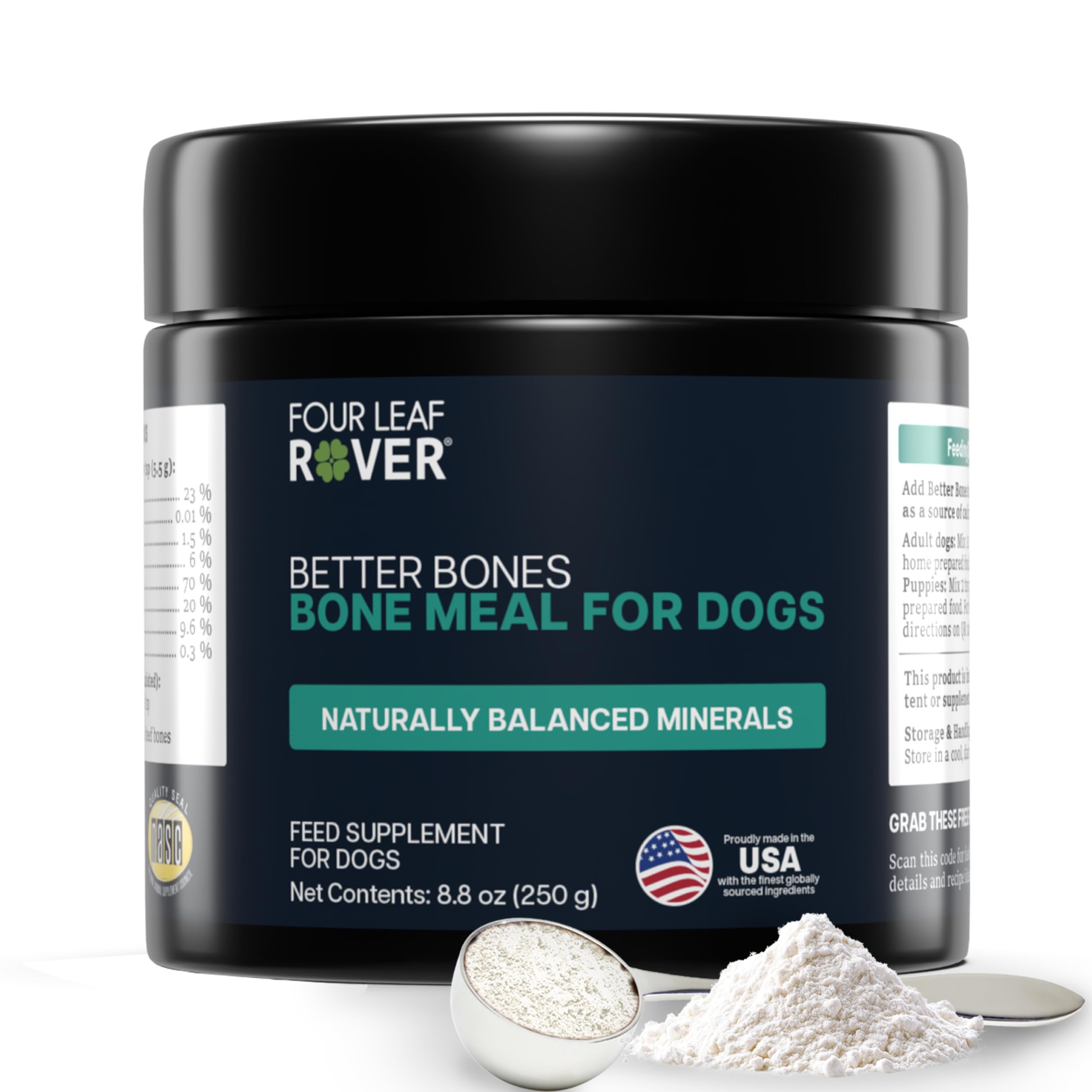 Four Leaf Rover envase frontal mostrando aporte de calcio y beneficios