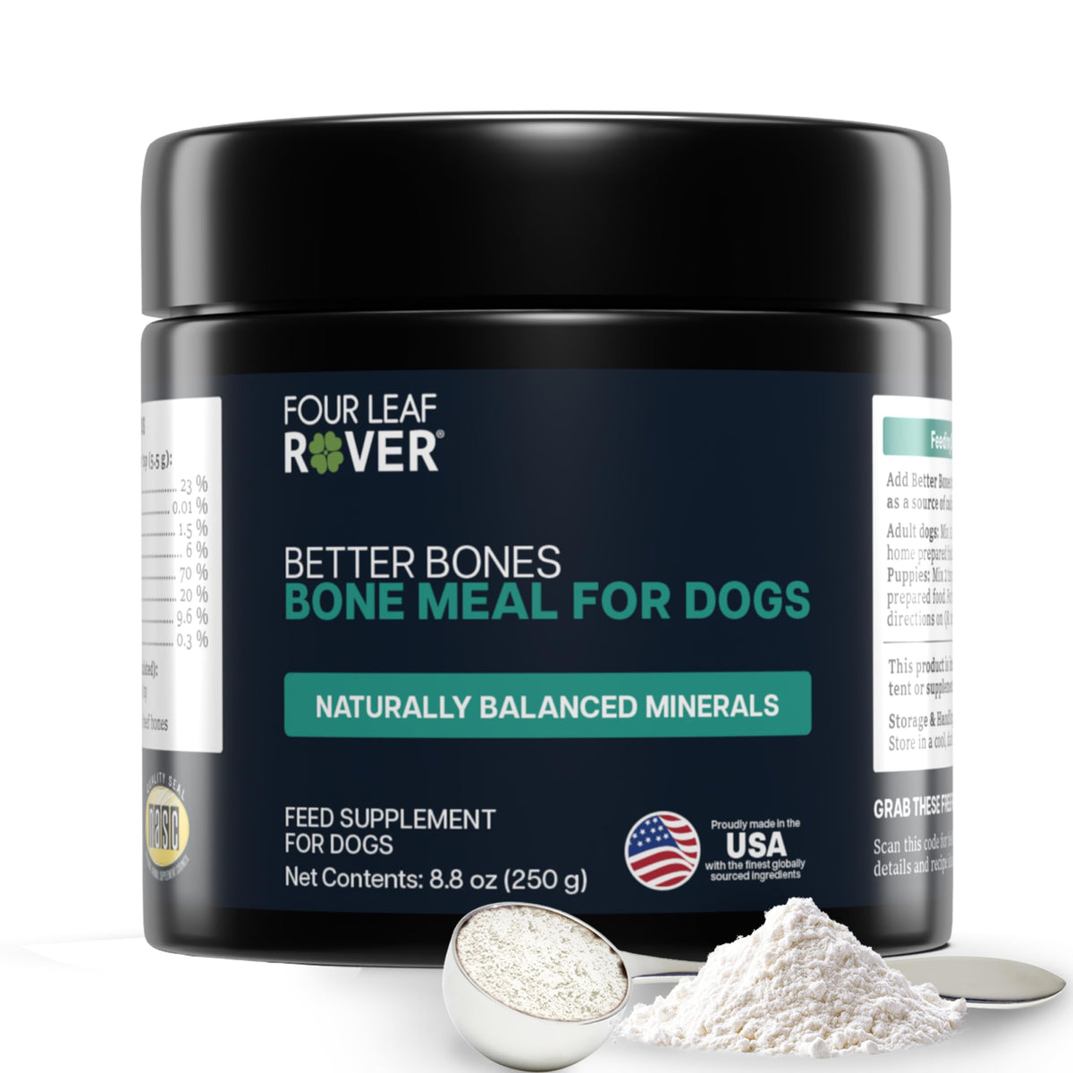 Four Leaf Rover envase frontal mostrando aporte de calcio y beneficios