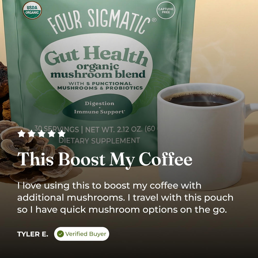 Four Sigmatic etiqueta con información nutricional y lista de ingredientes para verificación clara