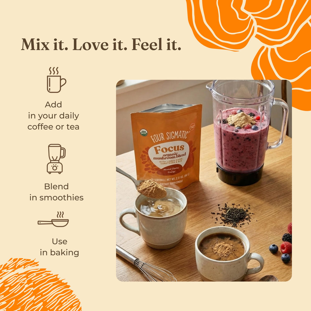 Etiqueta de Four Sigmatic con lista de ingredientes orgánicos y beneficios visibles