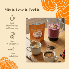 Etiqueta de Four Sigmatic con lista de ingredientes orgánicos y beneficios visibles