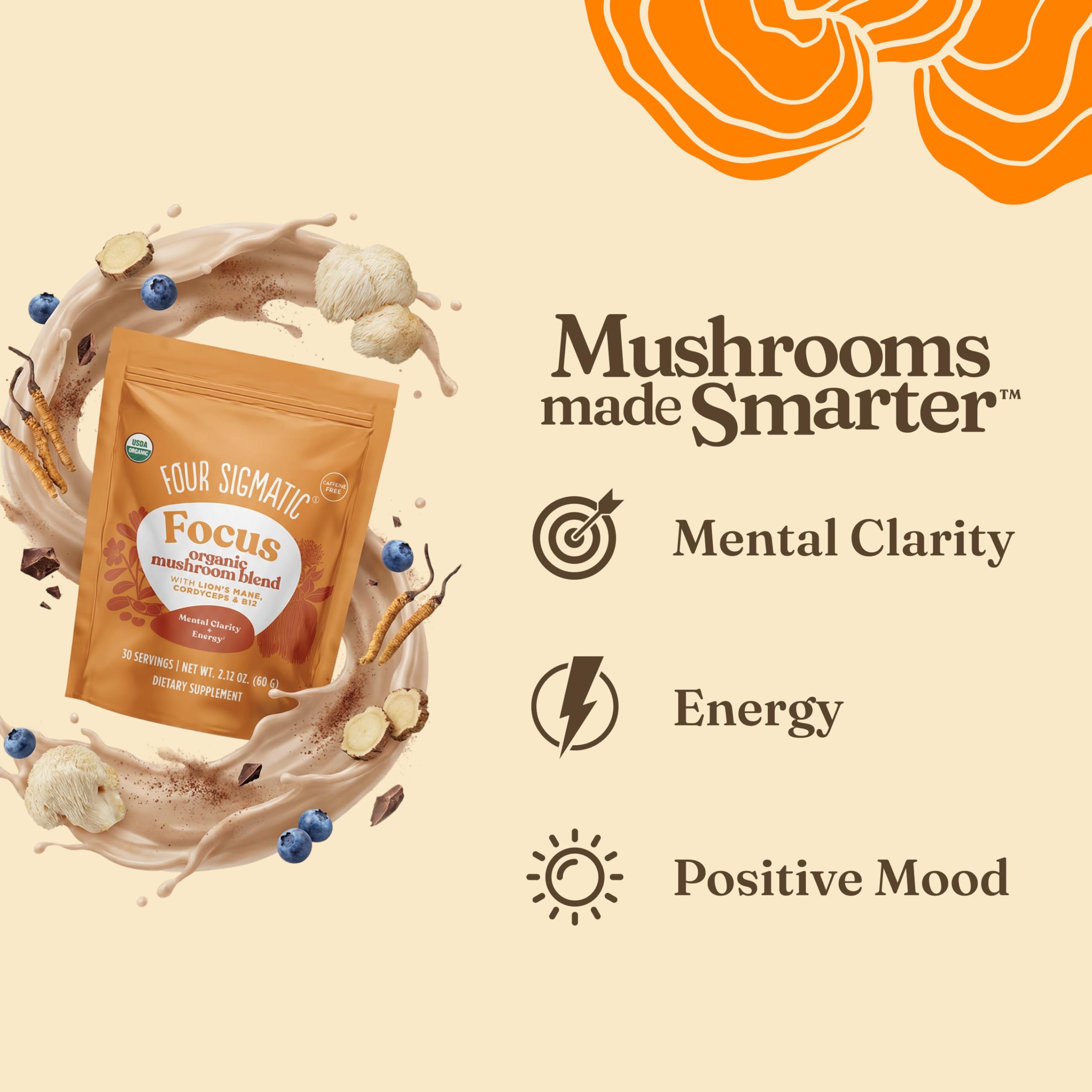 Polvo Four Sigmatic Focus Blend en primer plano, textura fina para mezclas fáciles