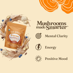 Polvo Four Sigmatic Focus Blend en primer plano, textura fina para mezclas fáciles