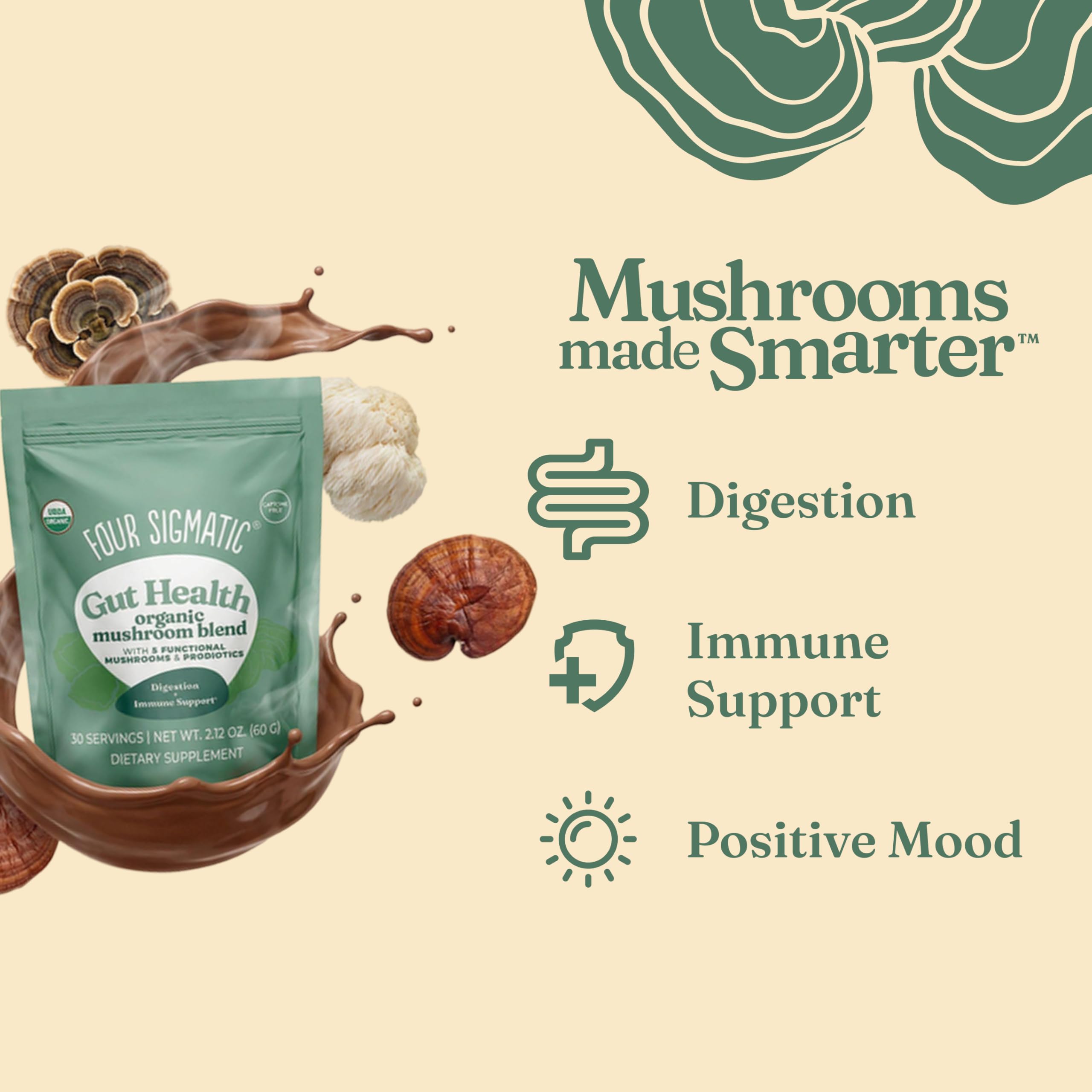 Four Sigmatic textura del polvo en primer plano que destaca su mezcla fina y fácil disolución