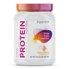 FoxyFit envase frontal Vainilla Cupcake mostrando tamaño y beneficio nutricional