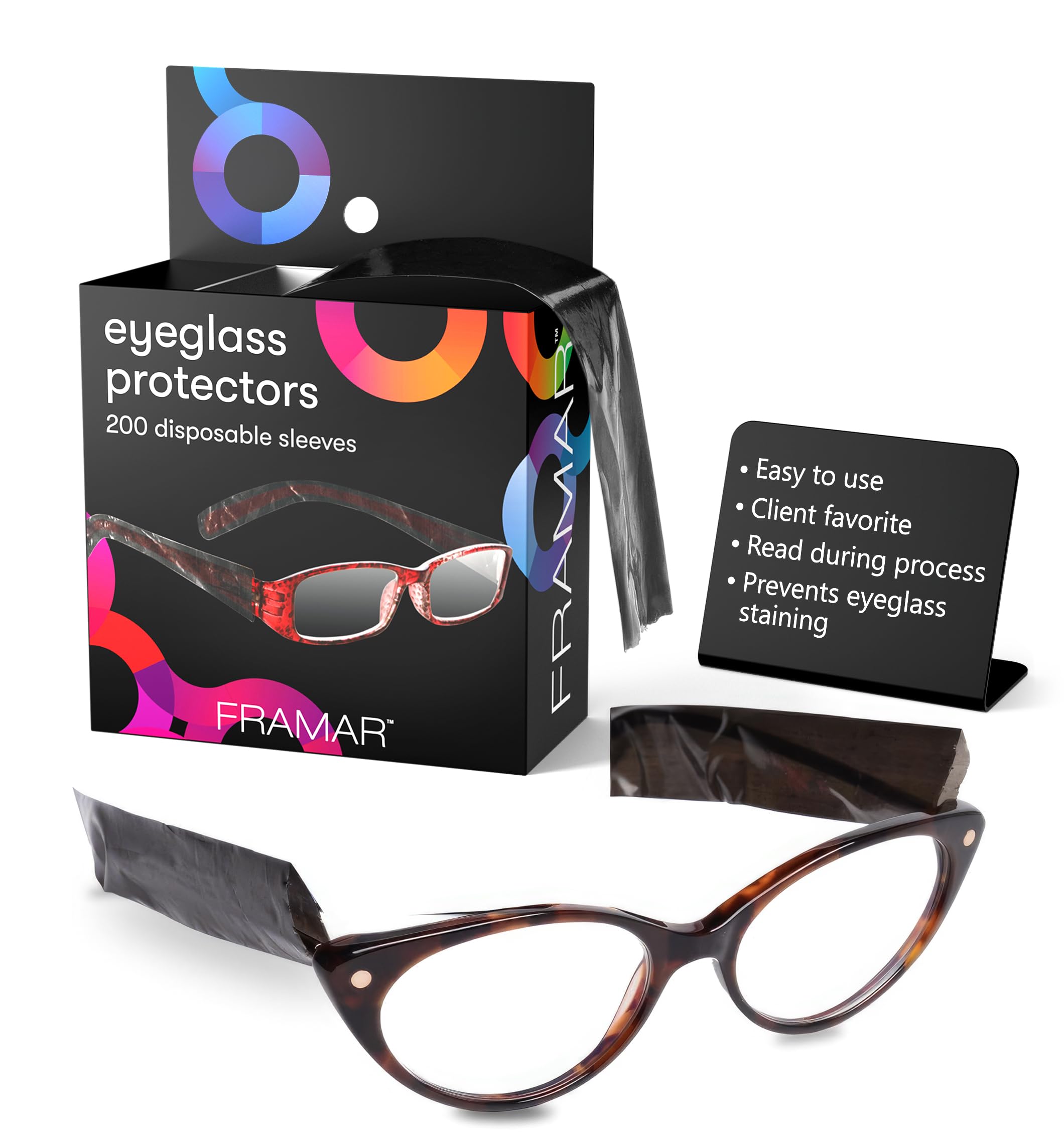FRAMAR embalaje frontal con 200 fundas para varillas protegiendo gafas
