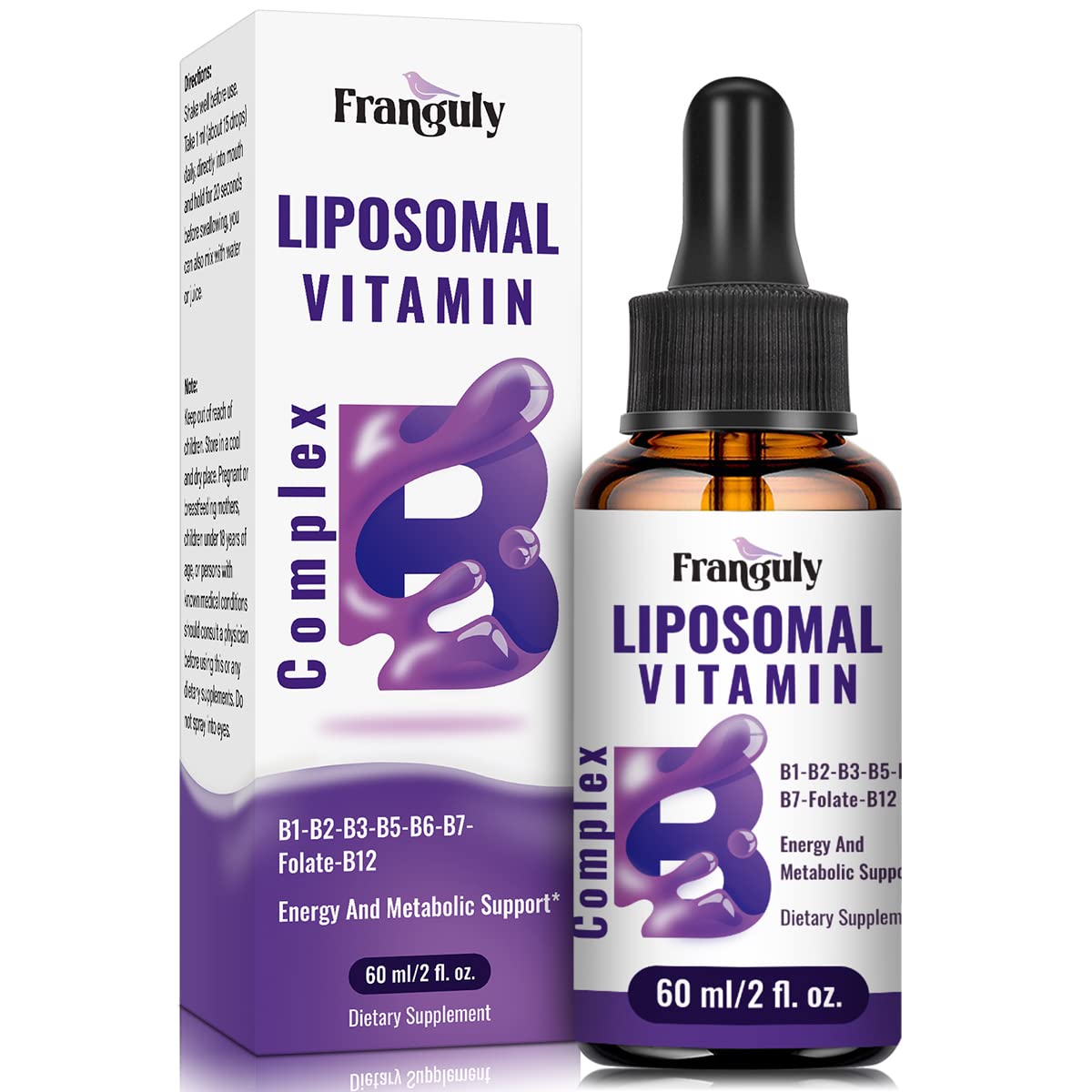 Franguly botella frontal mostrando diseño y volumen de 60 ml, práctico para dosis diarias