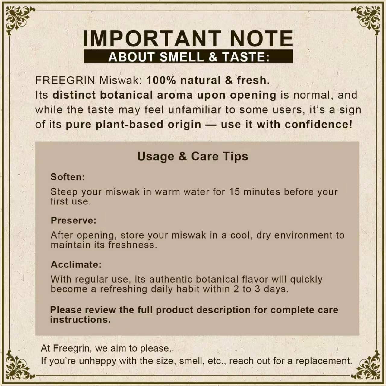FREEGRIN detalle de fibras naturales del Miswak, limpieza suave y efectiva