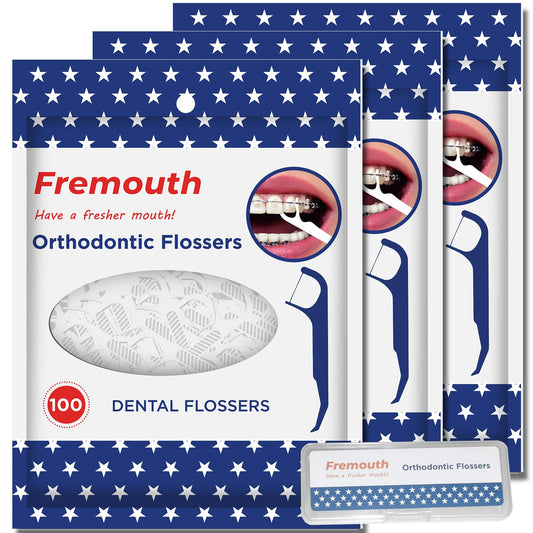 Fremouth empaque frontal mostrando 300 flossers para viajes y limpieza eficaz