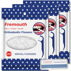Fremouth empaque frontal mostrando 300 flossers para viajes y limpieza eficaz