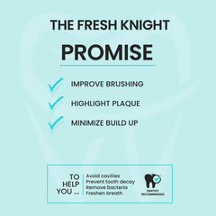 FRESH KNIGHT tableta masticada en boca, revela placa y enseña técnica