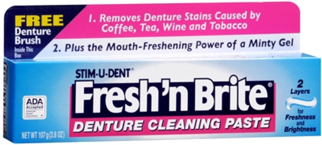 Fresh 'n Brite tubo frontal mostrando etiqueta y tamaño, limpieza fiable para dentaduras