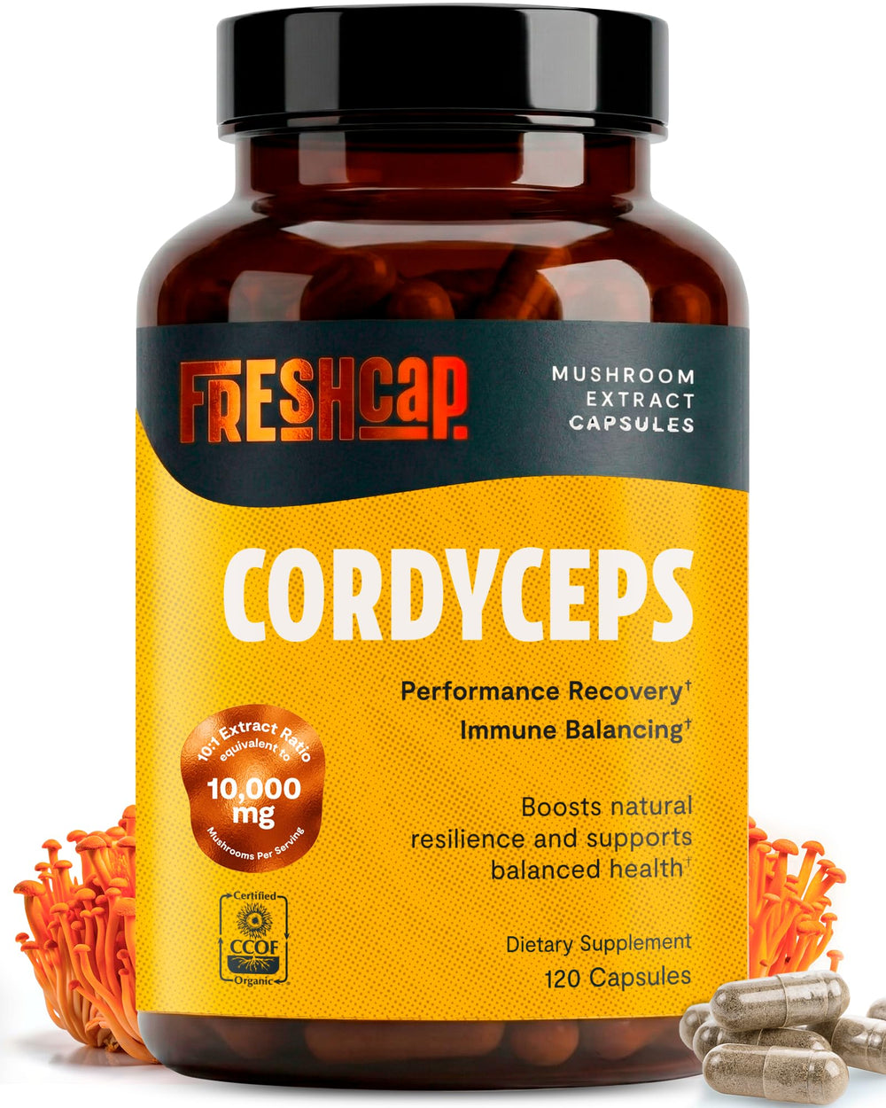 FreshCap Mushrooms frasco frontal mostrando diseño y beneficios