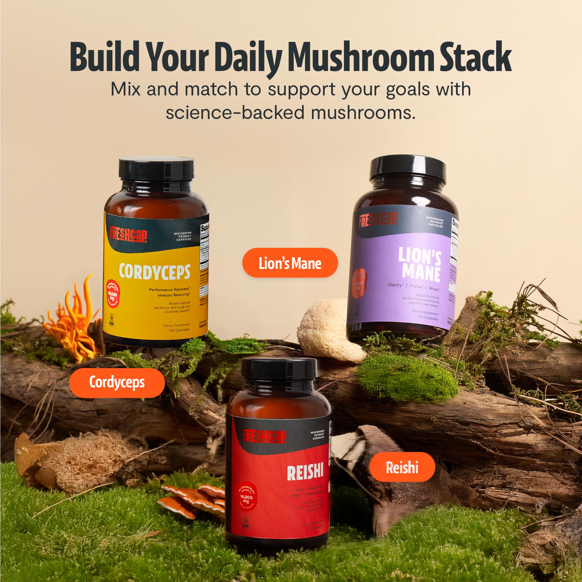 FreshCap Mushrooms cápsula tomada por la mañana con agua, vitalidad