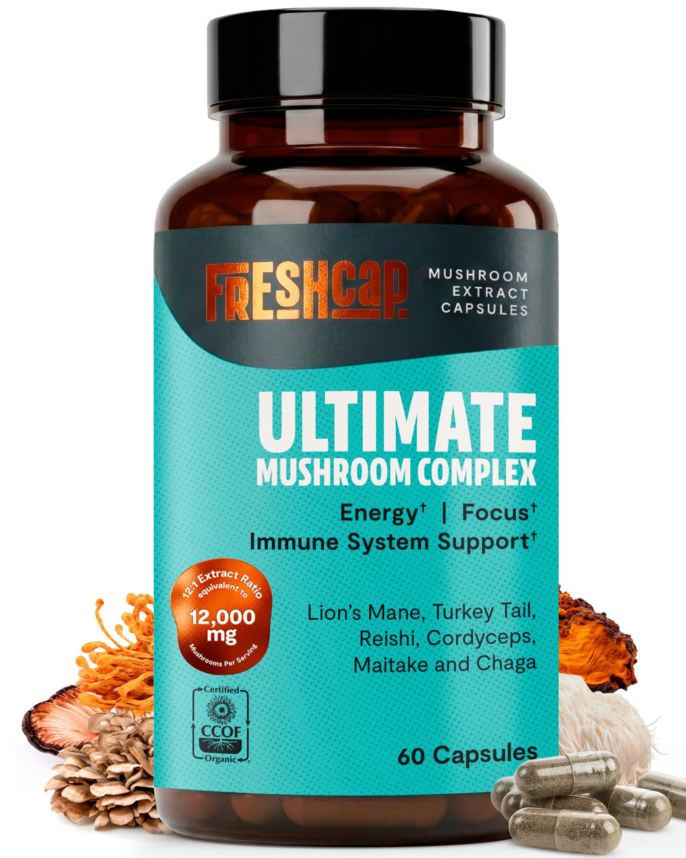 FreshCap Mushrooms frasco frontal mostrando etiqueta clara y beneficio de pureza