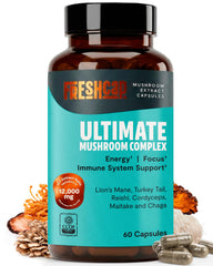 FreshCap Mushrooms frasco frontal mostrando etiqueta clara y beneficio de pureza