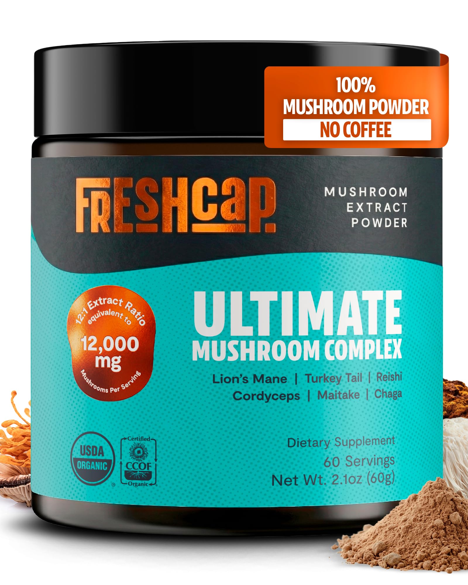 FreshCap Mushrooms frente del envase mostrando diseño y beneficios