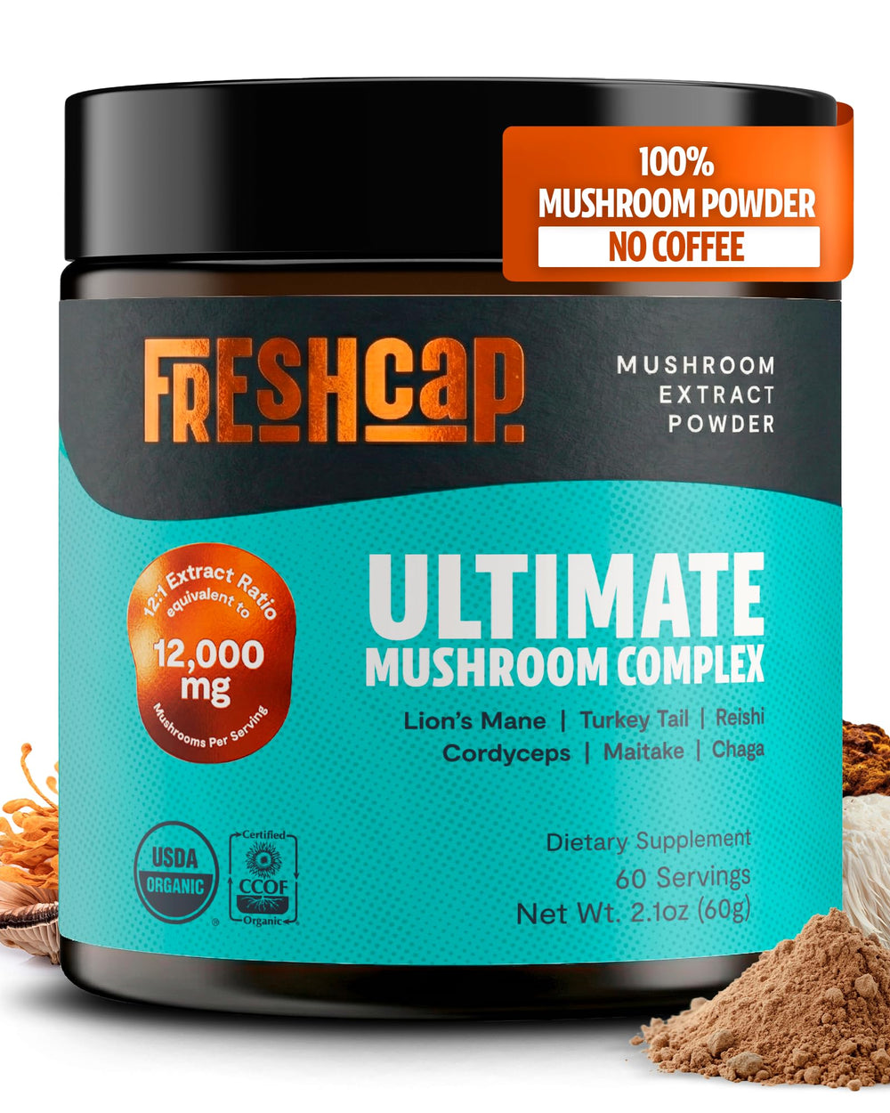 FreshCap Mushrooms frente del envase mostrando diseño y beneficios
