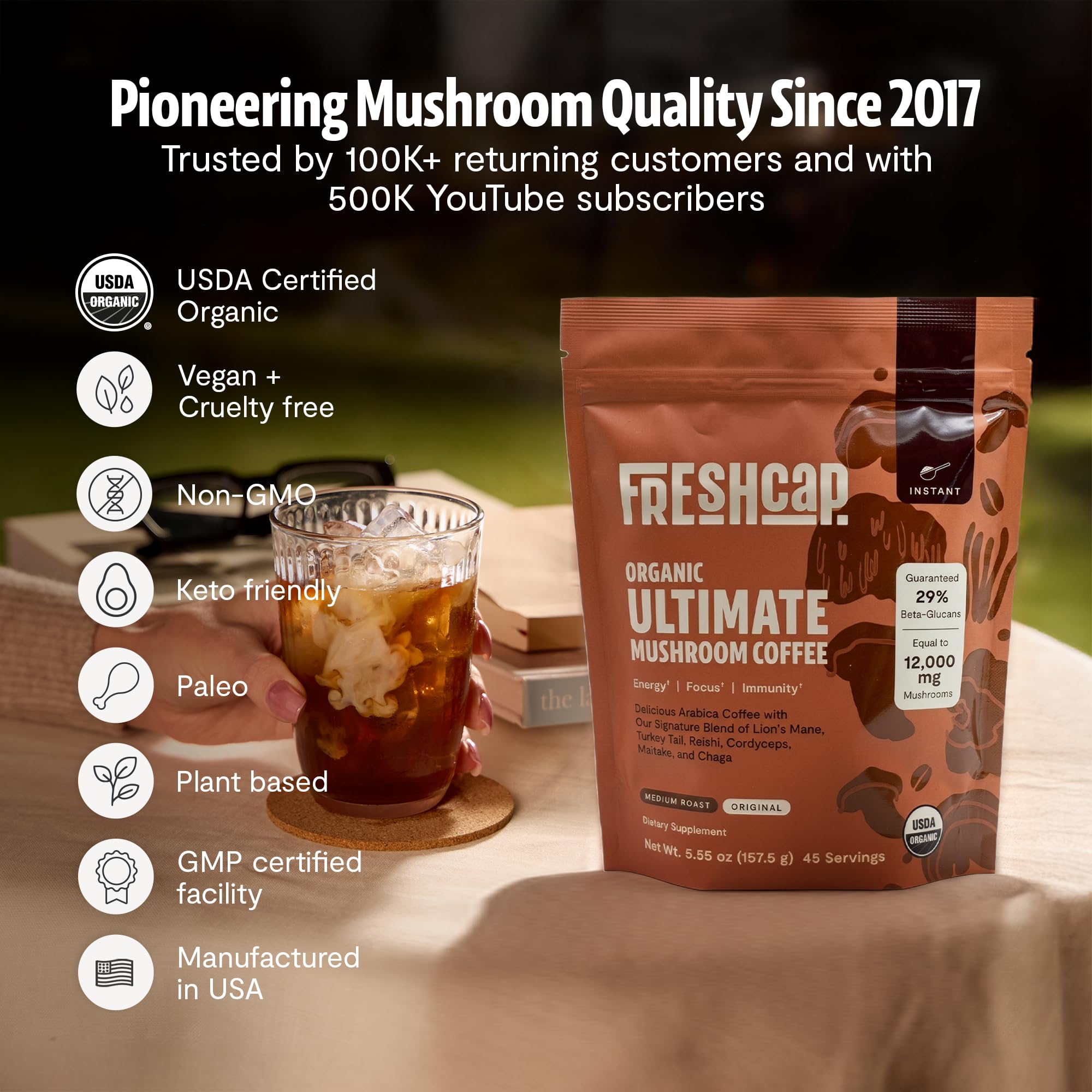 FreshCap Mushrooms primer plano de hongos incluidos que ilustra variedad y calidad orgánica