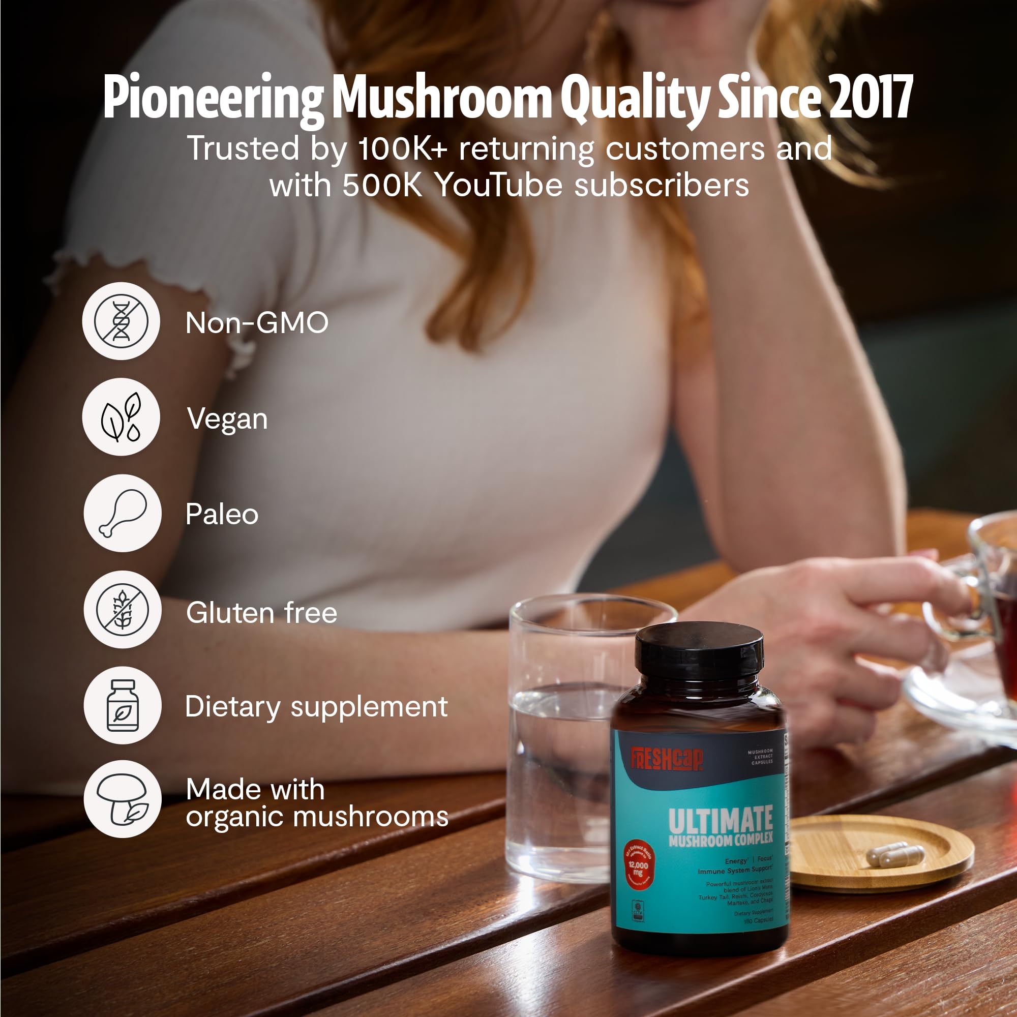 Ilustración de las seis setas FreshCap Mushrooms destacando variedad y sinergia