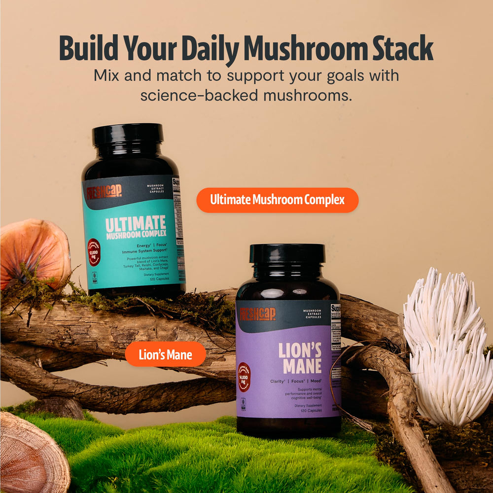 Frasco FreshCap Mushrooms en cocina moderna, muestra convivencia con estilo de vida saludable