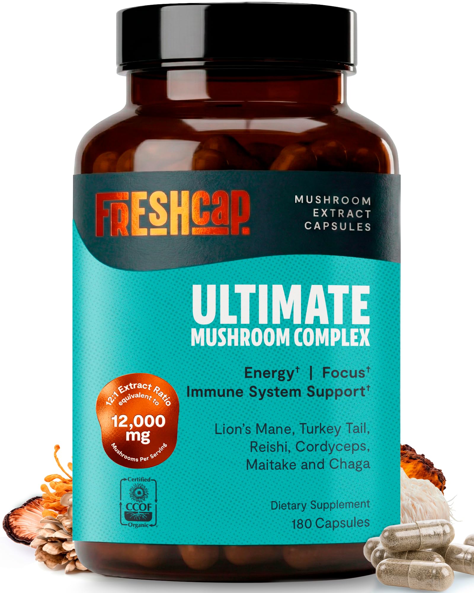 FreshCap Mushrooms frasco frontal mostrando etiquetado, transmite confianza y potencia