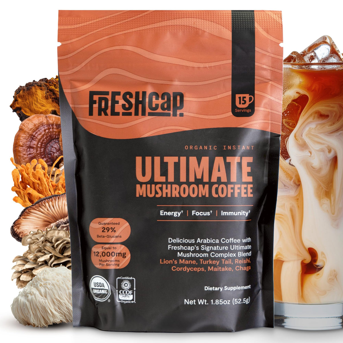 FreshCap Mushrooms empaque frontal claro mostrando la bolsa y beneficios
