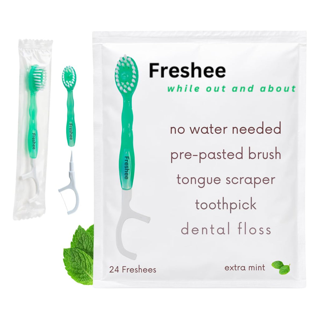 Freshee empaque frontal mostrando cepillos listos para viajar y conveniencia