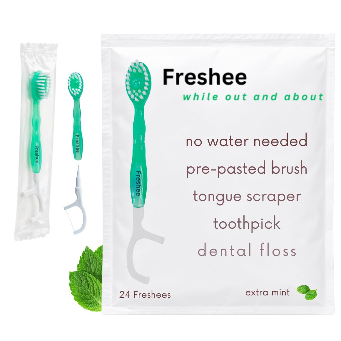 Freshee empaque frontal mostrando cepillos listos para viajar y conveniencia