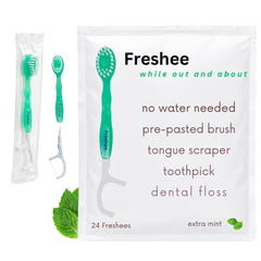 Freshee empaque frontal mostrando cepillos listos para viajar y conveniencia
