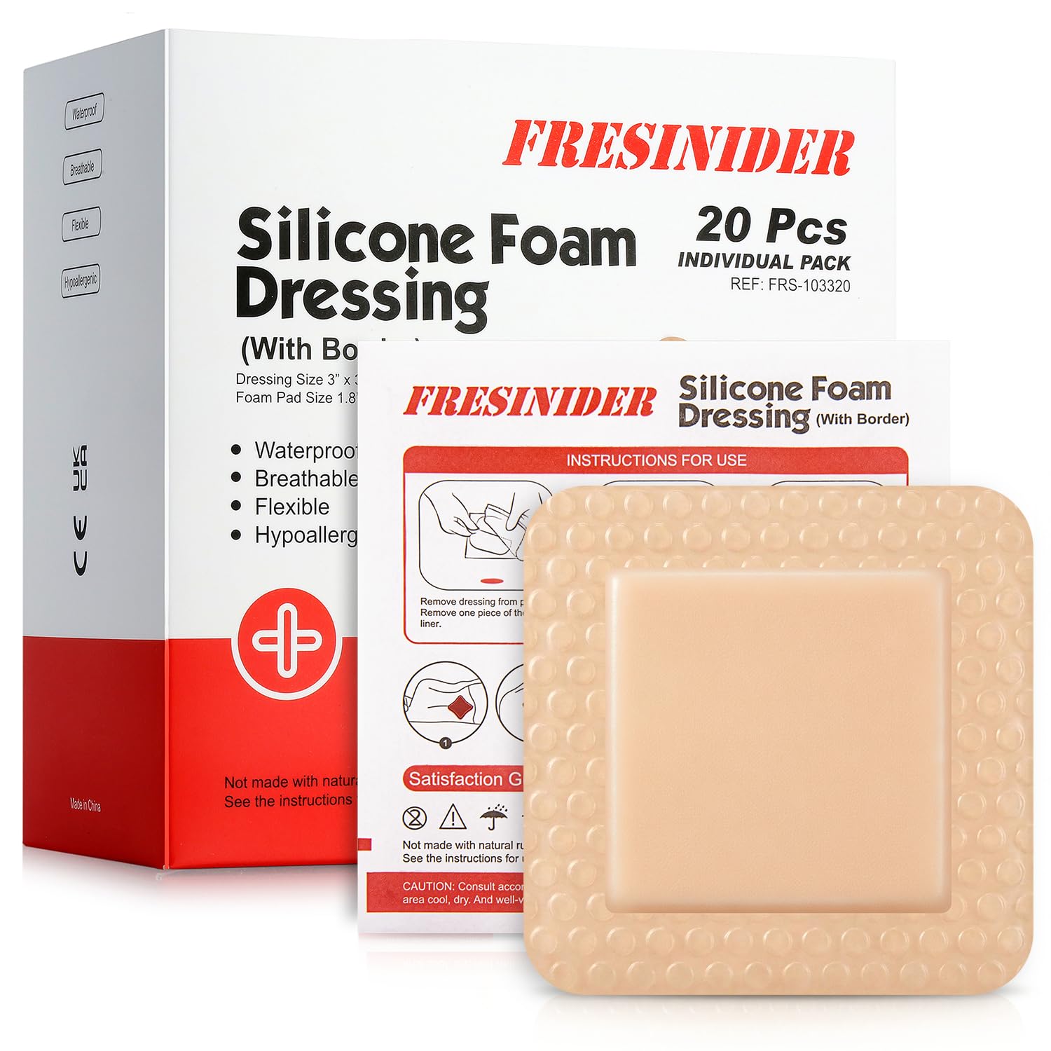 FRESINIDER empaque frontal mostrando pack de 20 y tamaño 3x3 pulgadas, protección inmediata